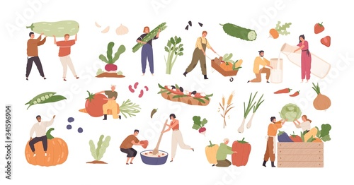 Set of various tiny people with different food and products isolated on white background. Collection of cartoon person with organic farm harvest vegetable, drink and meal vector graphic illustration