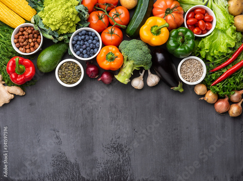 Healthy eating ingredients  fresh vegetables  fruits and superfood. Nutrition  diet  vegan food concept