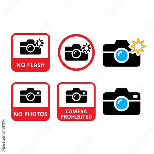 No photos, no cameras, no flash vector icons - do not taking photos warning sign
