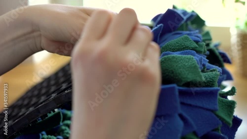 Making dog snuffle mat from green, blue and black fleece fabric stripes. Fun Mental Stimulation Nose Work for pets. Cognitive stimulation for pup. Nose work for pets. Preparing dog nosemat. photo