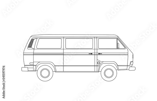 Detailed circuit retro, vintage, travel, camper van, on white background. Roud badge vintage van car. Round sticker van life. vector eps 10