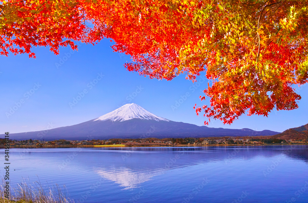 紅葉シーズンの山梨県河口湖、富士山と紅葉
