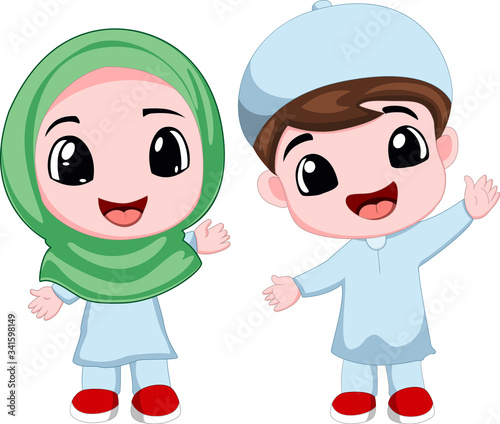 Two happy muslim kid cartoon