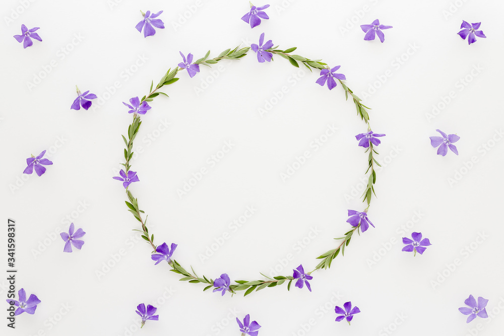 Minimal style photography. Green branch circle and flowers, natural creative composition top view background with copy space for your text. Flat lay.