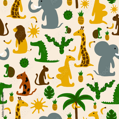 Hand drawn pastel color vector illustration seamless pattern cartoon of African animals