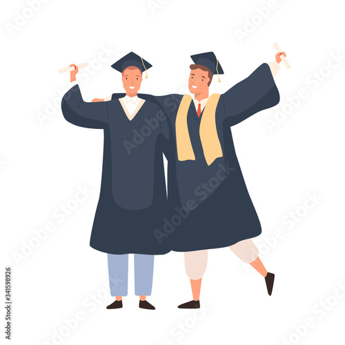 Happy cartoon male graduated students having positive emotion vector flat illustration