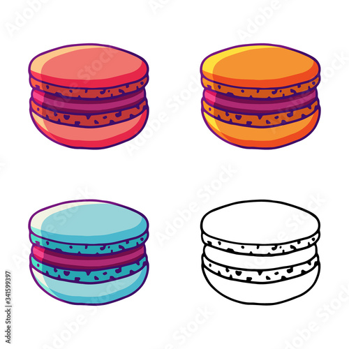 Vector cartoon set with macaroon isolated on a white background. Colored and outline french cookies icons or logo for bakery, pastry or cake shop, confectionery, cafe, bakery house.