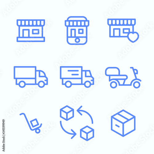 Icon set of the online shopping logistics. Fast and cheap delivery services for the e-commerce businesses.  Round and thin vector illustration of the delivery services.
