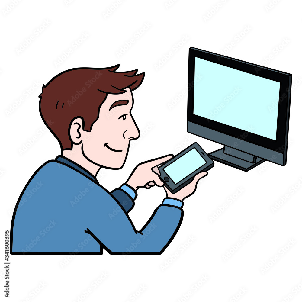 man controls his pc with his cell phone. comic, vector illustration. man controls his pc with his cell phone. comic, vector illustration.