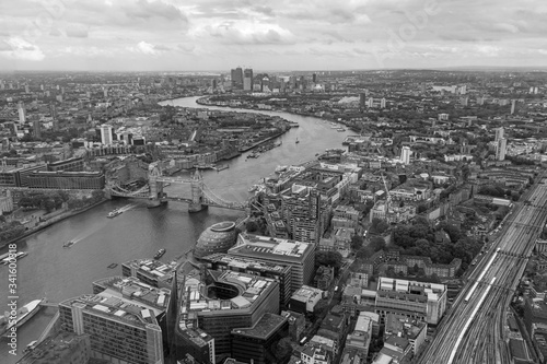 Aerial view over the City of London and River Thames in black and white  England  Great Britain