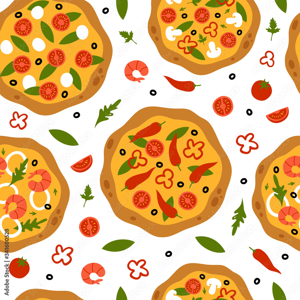 Seamless pattern with pizza and ingredients. Top view. Italian food. Seamless pattern with pizza and ingredients. Top view. Italian food.