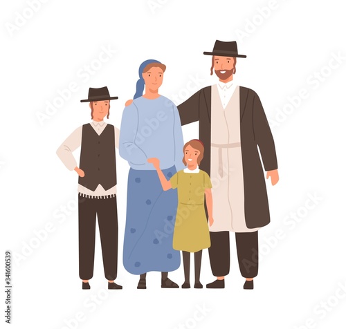 Traditional jews smiling cartoon family vector flat illustration. Colorful jewish mother, father, son and daughter standing together isolated on white. Happy people hugging having positive emotion
