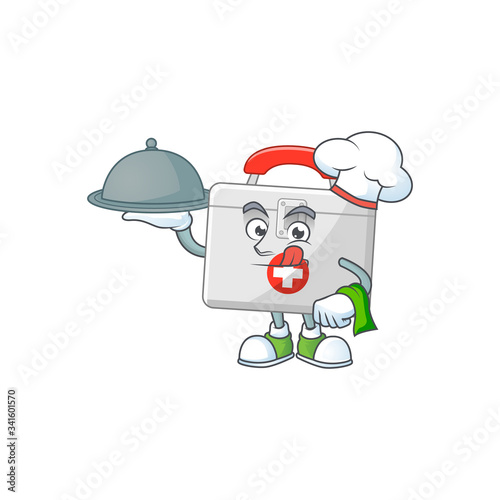 A first aid kit chef cartoon design with hat and tray
