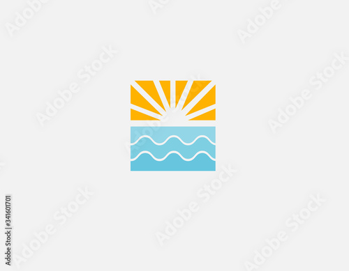 Creative geometric bright logo icon sun with rays and sea with waves.