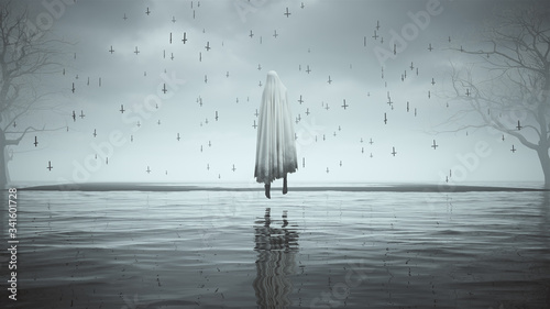 фотографія Ghost Floating Evil Spirit in a Death Shroud Over Water on a Foggy Day Black San