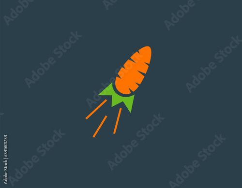 Creative bright logo icon carrot in the form of a rocket flying into space.