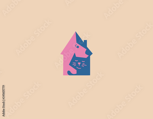 Creative bright logo icon cat and dog in the house for the veterinary clinic
