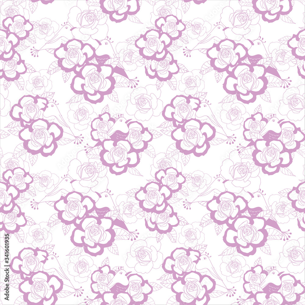 Seamless pattern roses and birds in pastel purple on white background