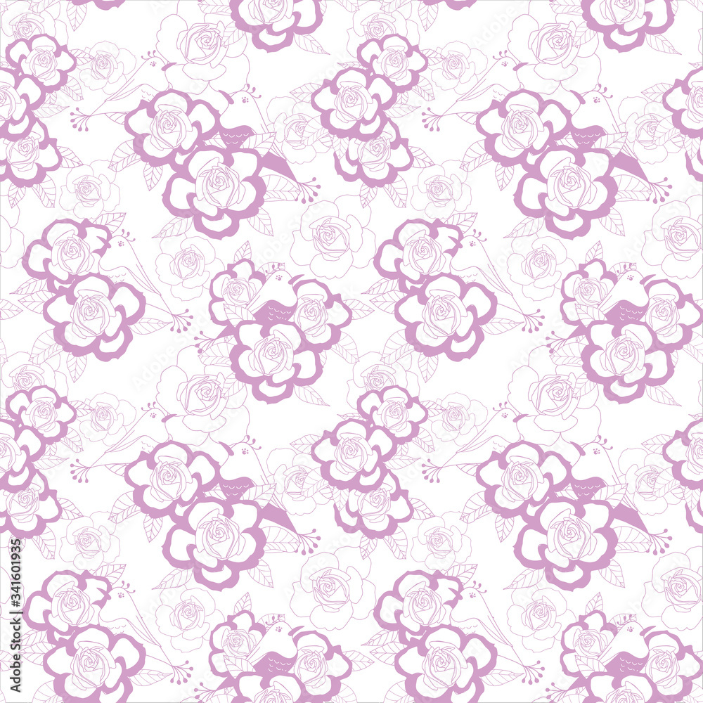 Seamless pattern roses and birds in pastel purple on white background Seamless pattern roses and birds in pastel purple on white background