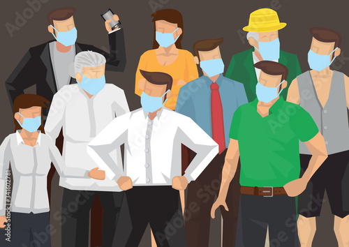 Group of people wearing masks to prevent disease, contaminated air, flu, air and world pollution.