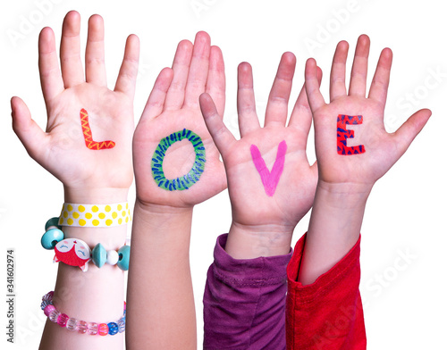 Children Hands Building Colorful English Word Love. White Isolated Background