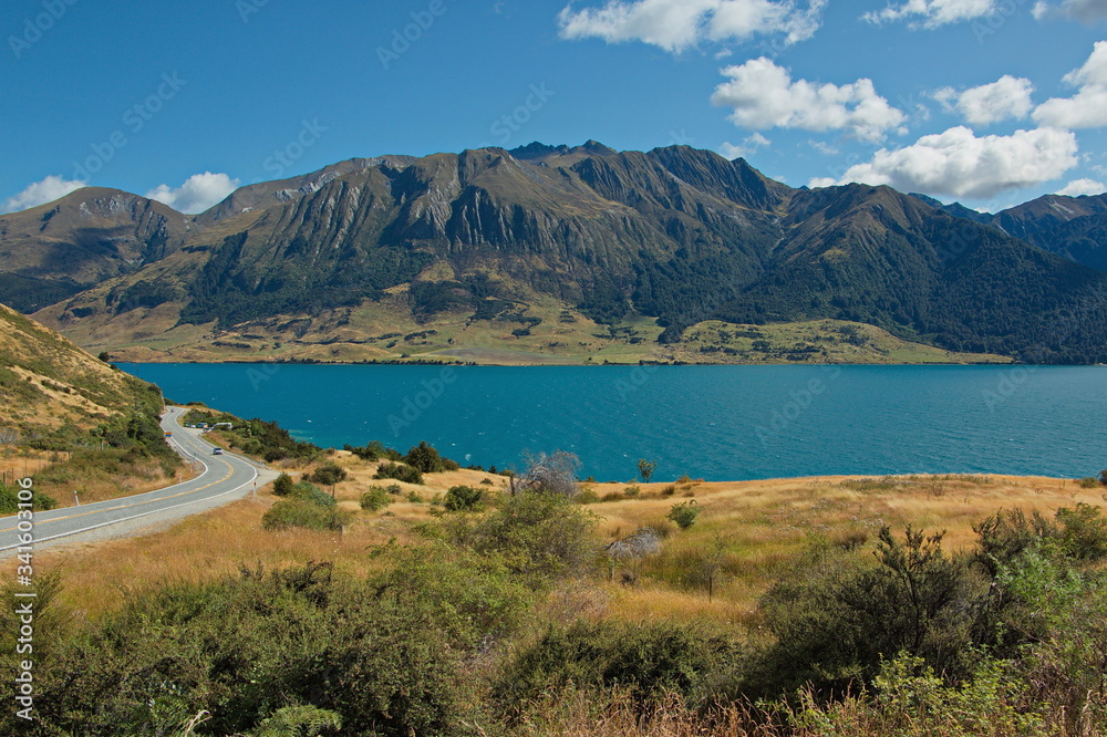 View of Lake Hawea from Lake Hawea Lookout in Otago on South Island of New Zealand
