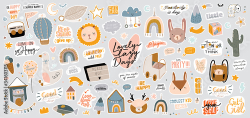 Cute baby shower in scandinavian style including trendy quotes and cool animal decorative hand drawn elements. Cartoon doodle kids illustration for nursery room decor, children design. Vector.