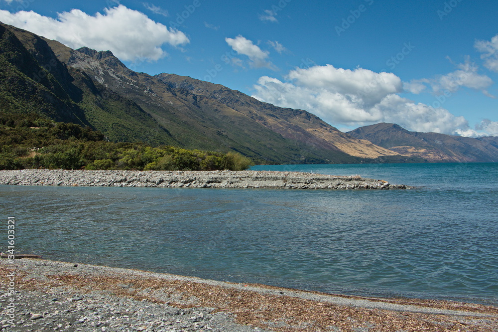 View of Lake Wanaka from Boundary Creek Campsite in Otago on South Island of New Zealand
