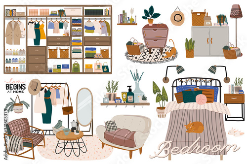 Stylish Scandinavian bedroom interior - bed, sofa, wardrobe, mirror, night stand, plant, lamp, home decorations. Cozy modern comfy apartment furnished in Hygge style. Vector illustration. Isolated