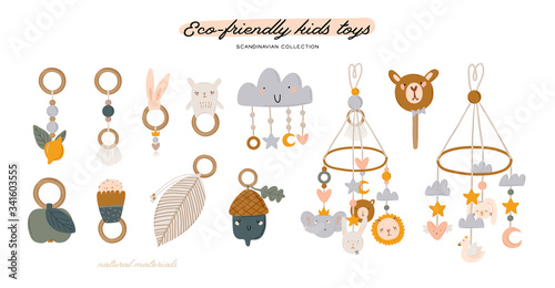 Cute baby shower in scandinavian style including trendy quotes and cool animal decorative hand drawn elements. Cartoon doodle kids  illustration for nursery room decor, children design. Vector.