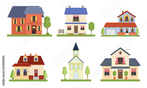 Set of different country houses with garden trees. Vector illustration in flat cartoon style.