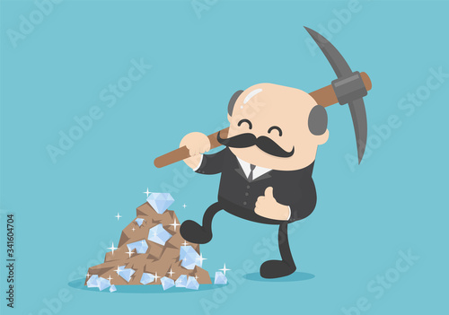 boss businessman dig a lot of diamonds and mining to find treasure