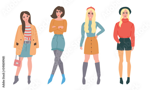 Set of different beautiful young women in fashionable sexy clothes. Vector illustration in flat cartoon style