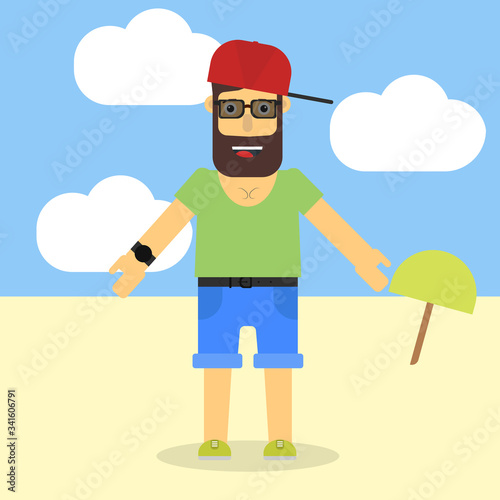 Man in shorts on the beach in summer vector cartoon