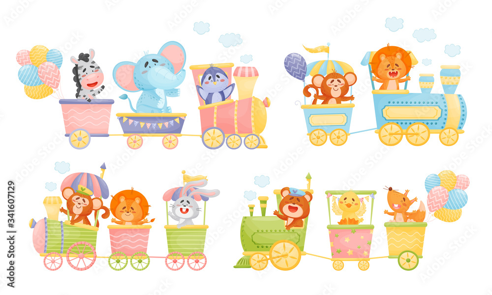Jungle Animals Holding Party Balloons Riding Locomotive Vector Set Jungle Animals Holding Party Balloons Riding Locomotive Vector Set