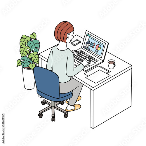 オンラインセミナー　動画配信をみる女性　イラスト

