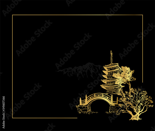 Buddhism temple card nature landscape view landscape card vector sketch illustration japanese chinese oriental line art