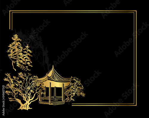 Buddhism temple card nature landscape view landscape card vector sketch illustration japanese chinese oriental line art