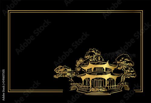 Buddhism temple card nature landscape view landscape card vector sketch illustration japanese chinese oriental line art