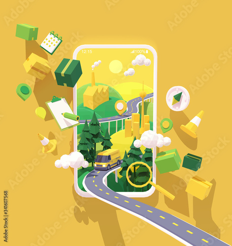 Vector parcel and mail delivery service and tracking app illustration, Smartphone with yellow delivery truck or van on the highway, road from factory to customer home. Supply chain