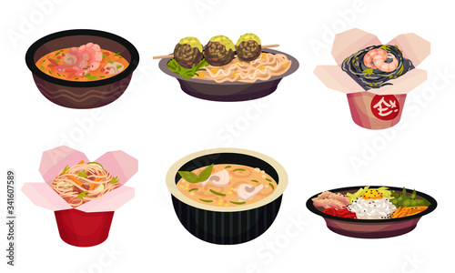 Asian Food with Noodle and Soup in Carton Boxes and Bowls Vector Set