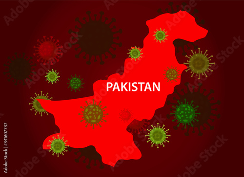 Pakistan map with covid-19 virus concept. Coronavirus is spread to all over the world and infected to countries. Vector illustration of red map design with influenza virus. Covid 19 Pakistan map. © awesome artt