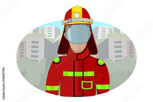 Fireman isolated on white background. Icon of man in firefighter uniform in flat style. Colorful poster design with central fireman on city view. International Firefighters' Day. Stock vector