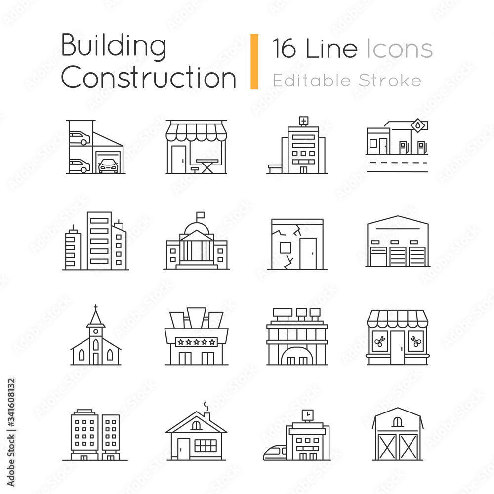 Industrial buildings fronts pixel perfect linear icons set