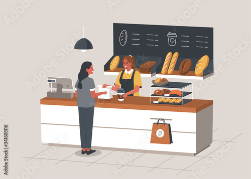 Woman Buying Coffee and Bread in Bakery Shop.  Baker Standing at Cashier Desk. Shelves  full of Breads, Baguettes and Various Bakery Products. People in Cafe. Flat Cartoon Vector Illustration.