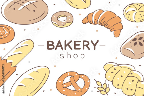Bakery Shop Template Banner with Text Place. Various Bakery Products Collection. Baguette, Toast, Pretzel, Croissant and Other Variety of Bread.  Flat Cartoon Vector Illustration and Background.