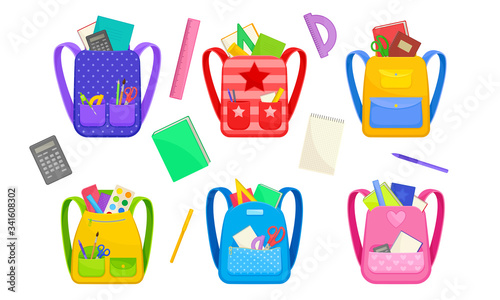 School Bags or Backpacks with School Stationery Peeped out From Pockets Vector Set