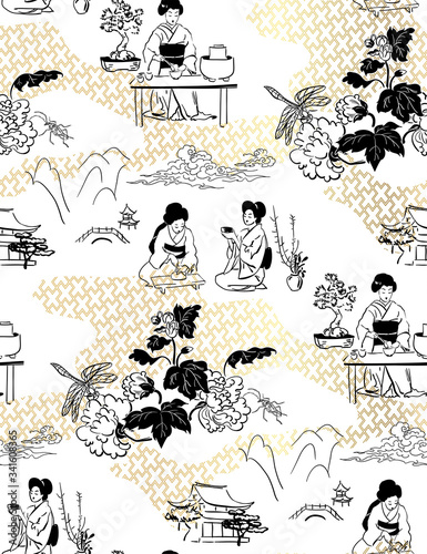 japanese vector pattern tea ceremony women black gold