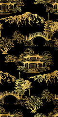 Rideaux Noir et or patrons Buddhism temple card nature landscape view landscape card vector sketch illustration japanese chinese oriental line art seamless pattern black gold  © CharlieNati