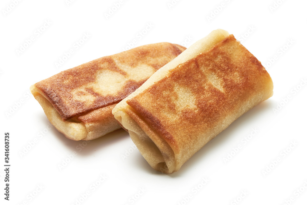 Stuffed pancakes, meat crepes, isolated on white background Stuffed pancakes, meat crepes, isolated on white background
